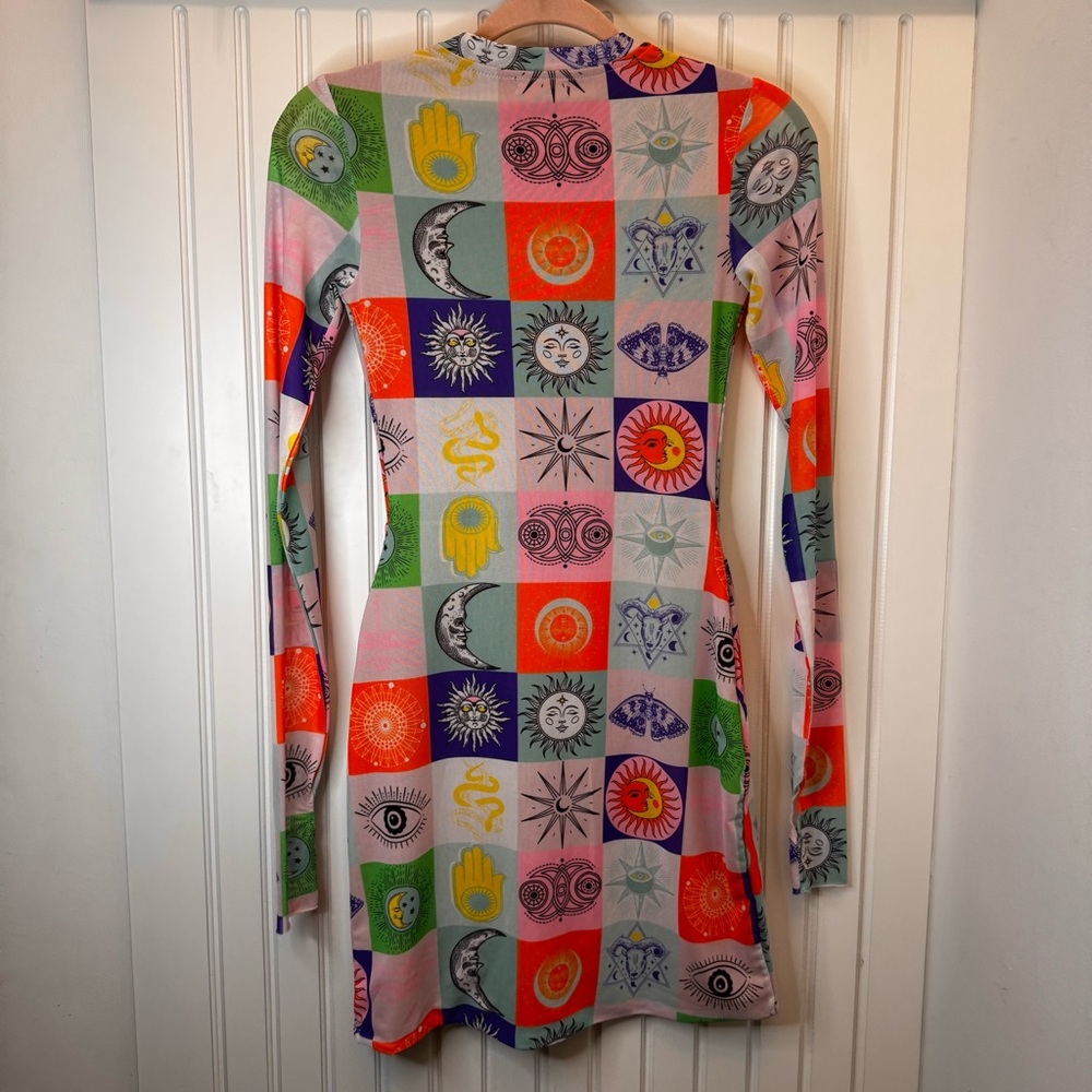 Afrm Long Slv Patchwork Celestial Mini Dress Mult… - image 6